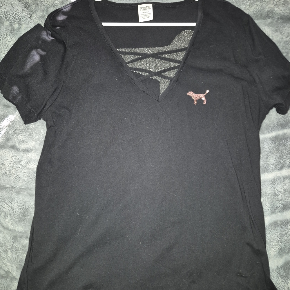 PINK Victoria's Secret Sequined Black V-Neck Tee with Pink Dog Logo